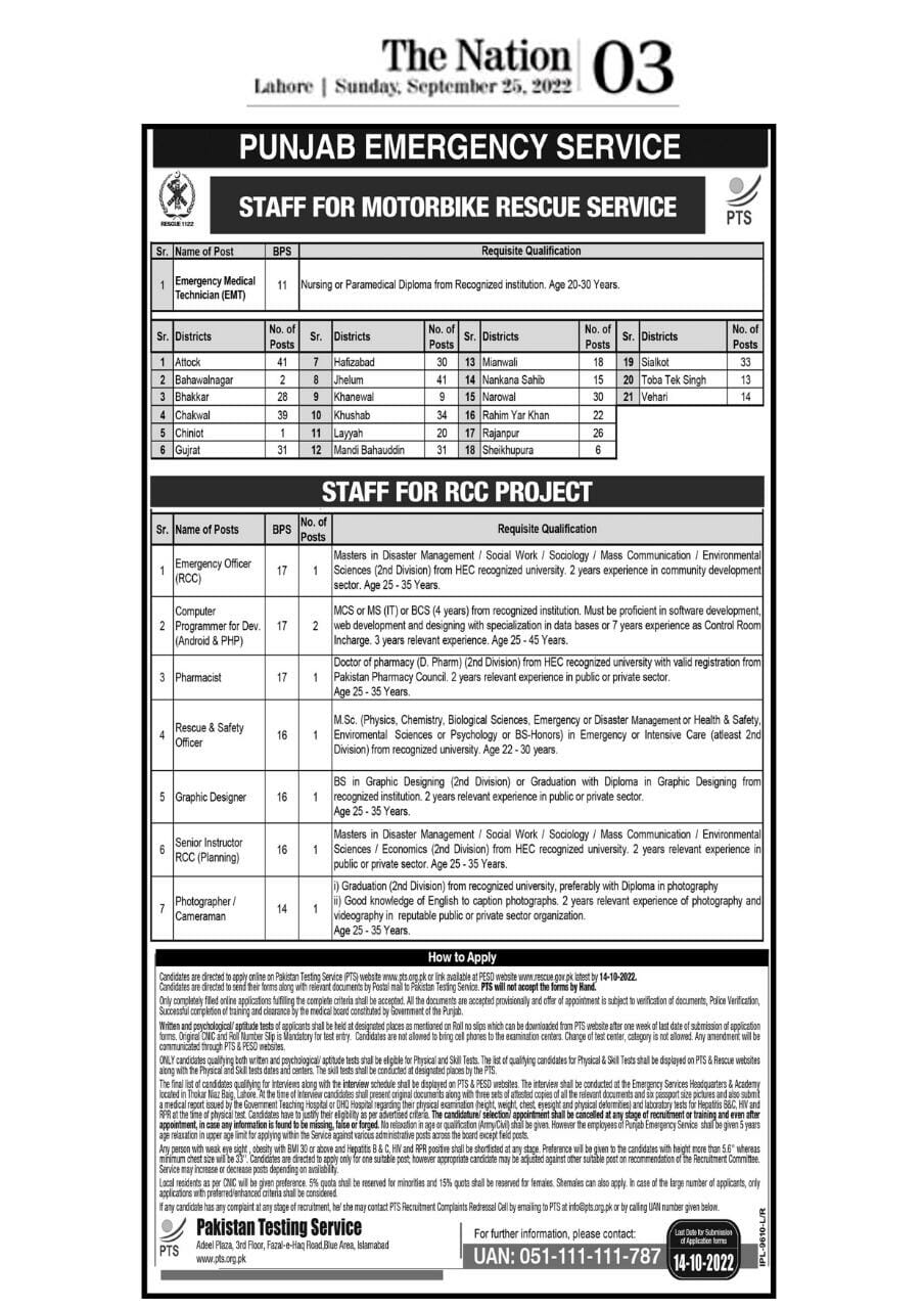 Rescue 1122 Jobs 2022 of EMT & Many More, PTS Form Download