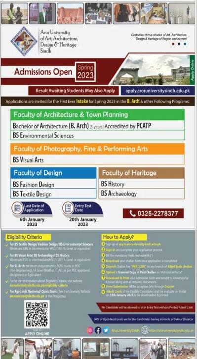 Aror University of Art Sukkur Admission 2023, Entry Test Result, Merit List