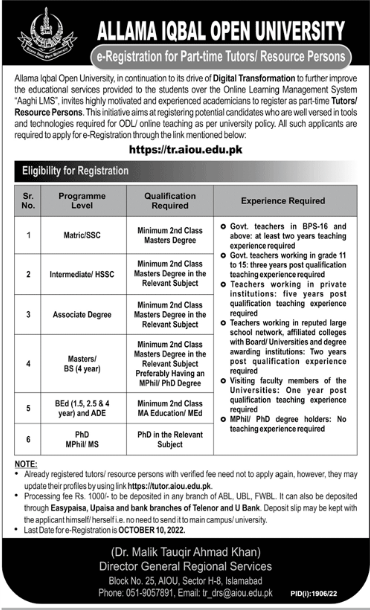 Latest AIOU Tutor Jobs 2022, E-Registration on Aaghee Tutor Portal