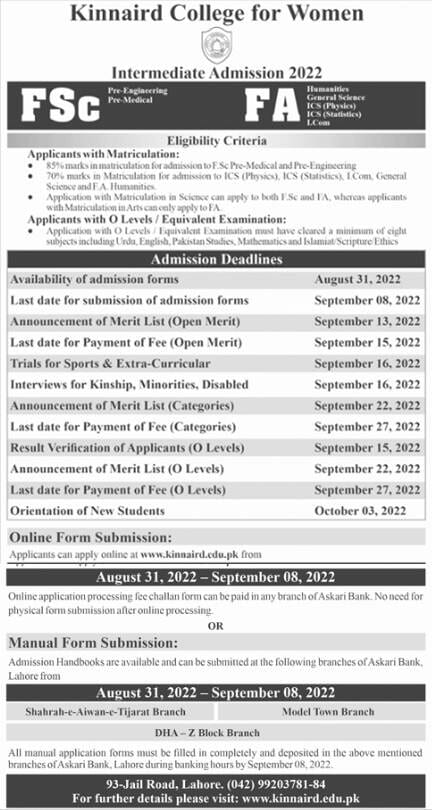 Kinnaird College Lahore Inter 1st Year FA, FSc Admission 2022, Apply Online