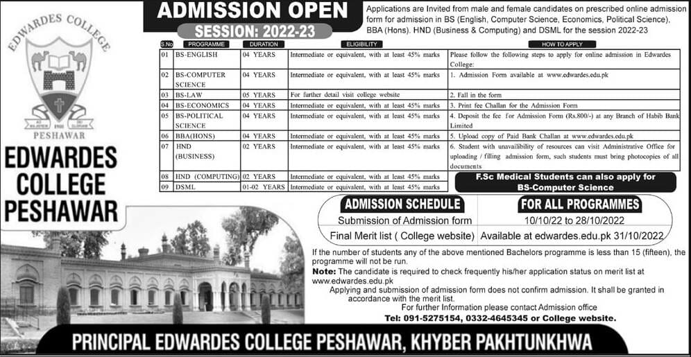 Edwardes College Peshawar Admission 2022 Schedule, ECP Form, Merit Lists