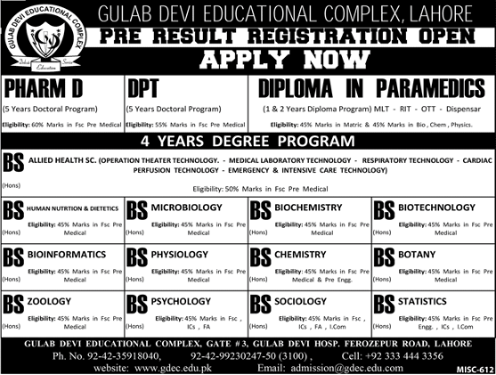 Gulab Devi Educational Complex Lahore BS, DPT, Pharm-D Admission 2023