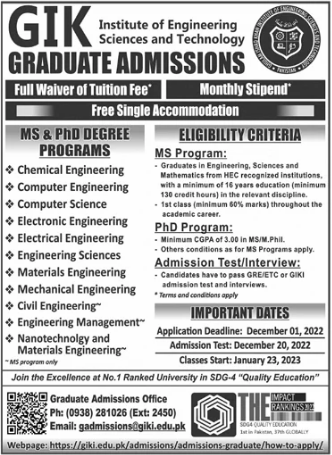 Giki University Graduate Admission 2023, Eligibility, Last Date, Form