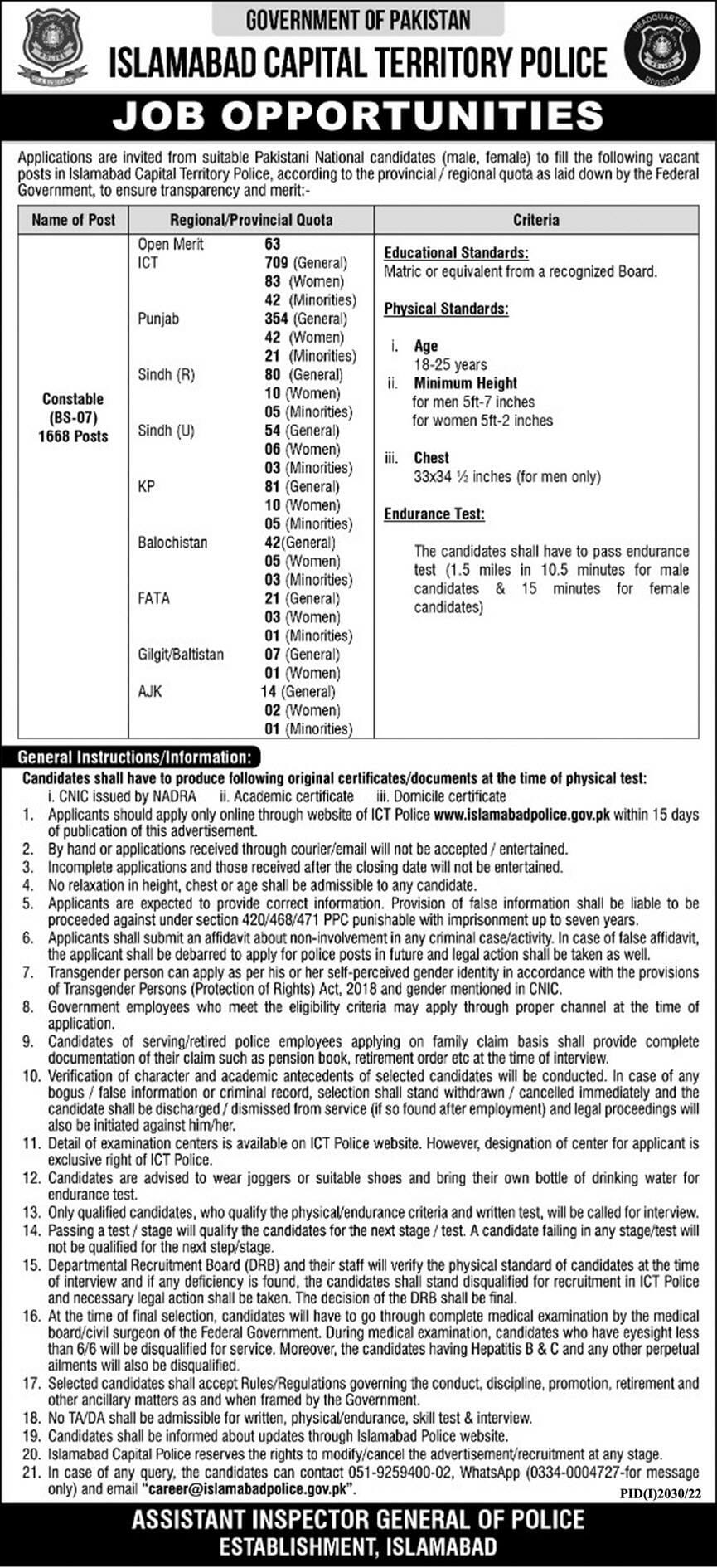 Islamabad Police Jobs 2022, Apply Online For Constable Jobs in ICT Police, Ad