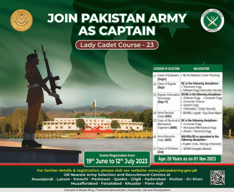 Join Pak Army as Captain Through Lady Cadet Course 2023