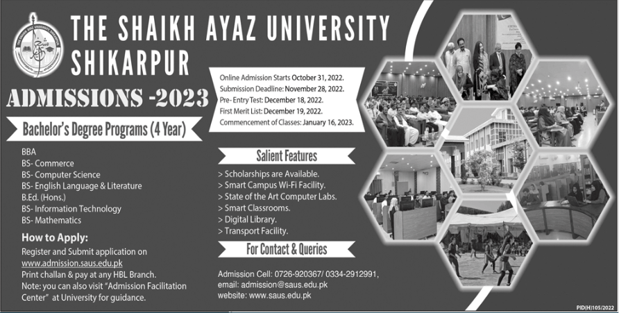 The Shaikh Ayaz University Shikarpur Admission 2023 in Undergraduate Programs