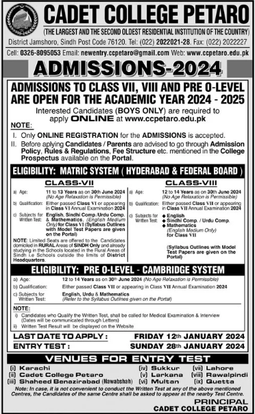 Cadet College Petaro Admission 2024 in Class 7, 8 & Pre O-Level