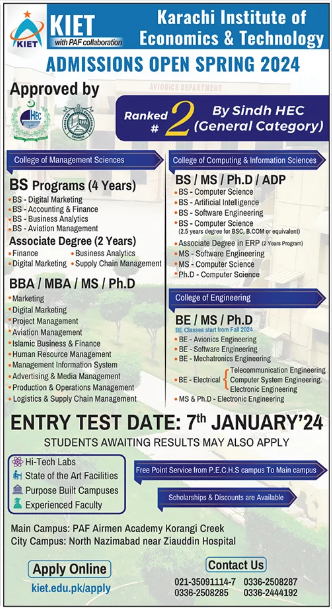 Kiet Karachi Admission 2024, Last Date, Apply Online