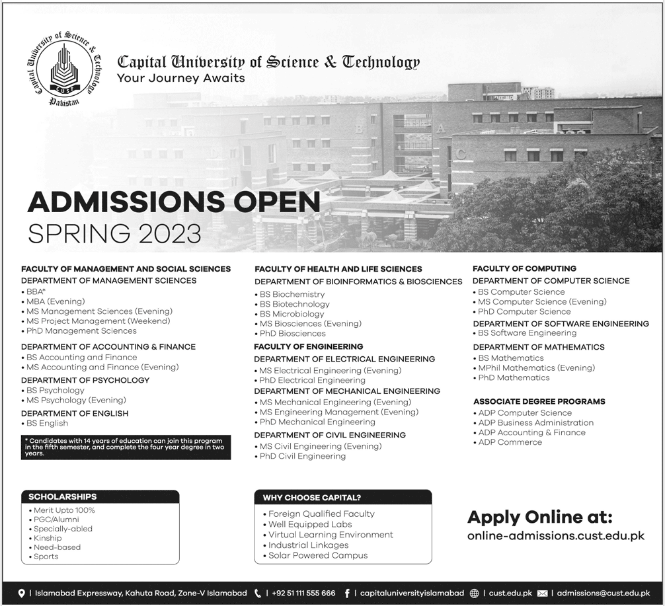 Capital University of Science and Technology Islamabad Admission 2023, Programs