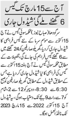 SNGPL & SSGC Sui Gas Load Shedding Schedule 2022-23 Pakistan From Nov to March