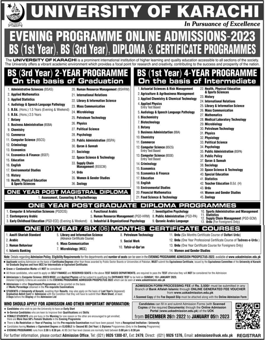 Karachi University UOK Online Admission 2023 in Evening Programs