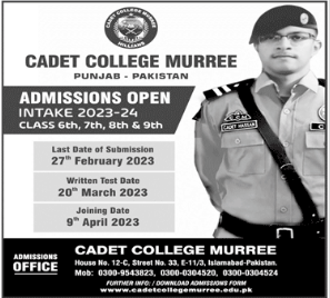 Cadet College Murree Admission 2023 in Class 6th to 9th