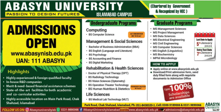Abasyn University Islamabad Campus Admission 2024, Form, Last Date & Scholarships