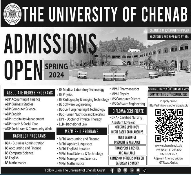 University of Chenab Gujrat Admission 2024 in UG Programs, Apply Online, Test Result