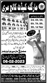 Margalla Cadet College Murree Admission 2023 in Class 3 to 1st Year, Form, Result