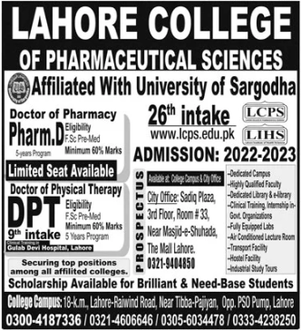 Lahore College of Pharmaceutical Sciences Admission 2023 in Pharm-D & DPT