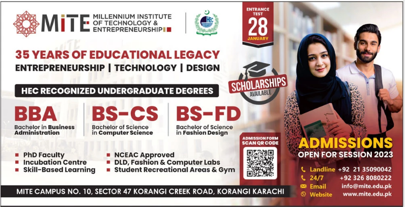 Millennium Institute of Technology and Entrepreneurship Karachi Admission 2023