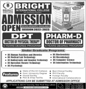 Bright International College Lahore Undergraduate Admission 2023,Programs