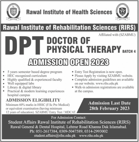 Rawal Institute of Rehabilitation Sciences Islamabad Admission 2023 in DPT