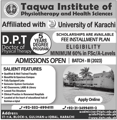 Taqwa Institute of Physiotherapy and Health Sciences Karachi Admission 2023 in DPT