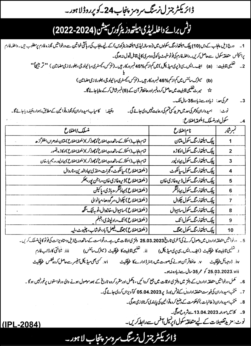 LHV Course Admission 2023 Schedule For Punjab Public Health Nursing Schools 