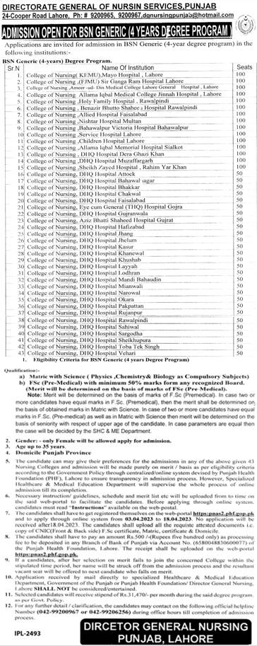 BSN Generic Admission 2023 in Public Sector Nursing Colleges of Punjab