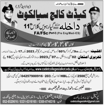 Cadet College Sialkot 11th Class FA, FSc & ICS Admission 2023, Form & Entry Test Result