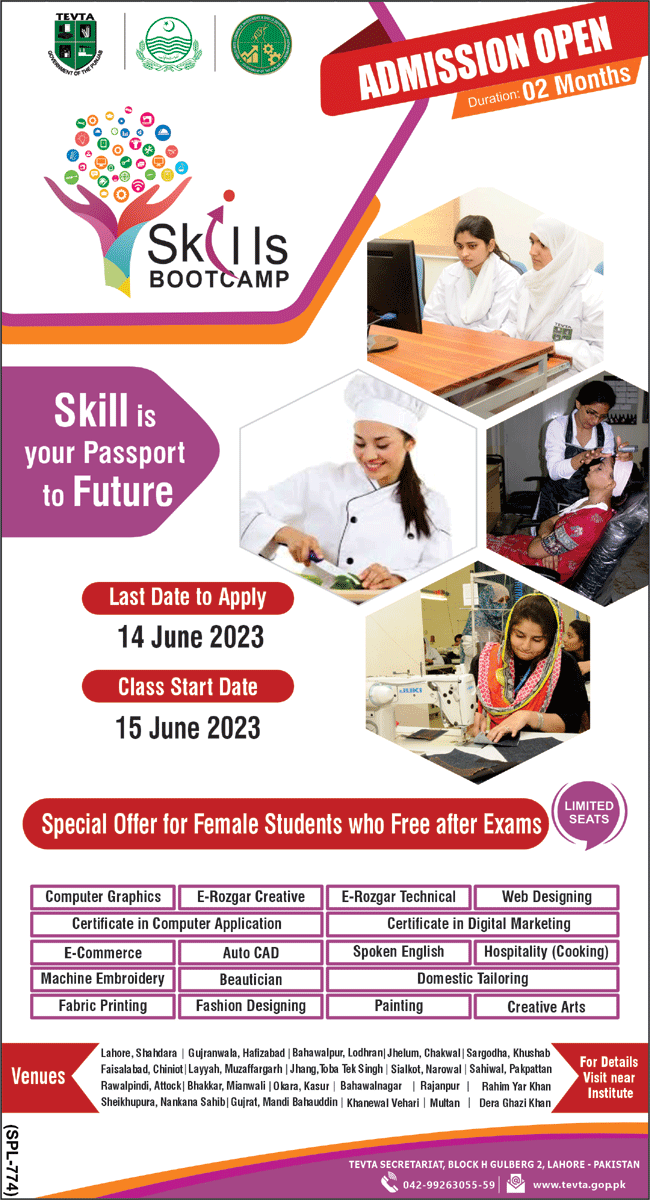 TEVTA SkiIls Bootcamp Admission 2023 in Short Courses For Girls