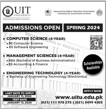 UIT University Karachi Admission 2024, Programs, Last Date, Test Result 