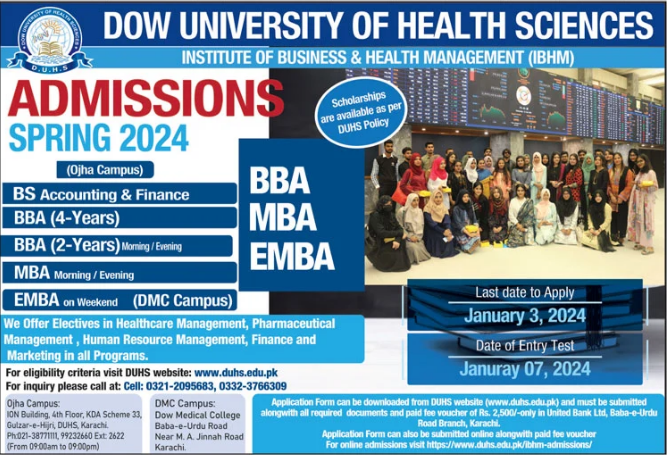 Dow University of Health Sciences DUHS Karachi BBA, MBA & EMBA Admission 2024