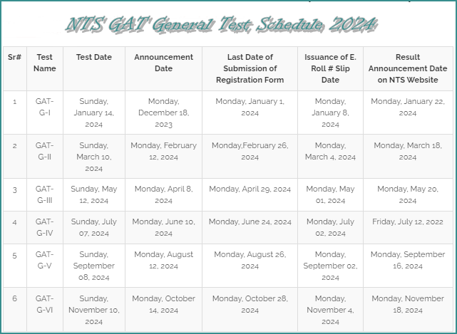 NTS GAT General Schedule 2024 & Dates