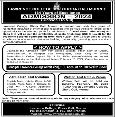 Lawrence College Murree Ghora Gali Admission 2024 in Class 1 to O-Level