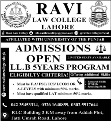 Ravi Law College Lahore Admission 2024 in LLB