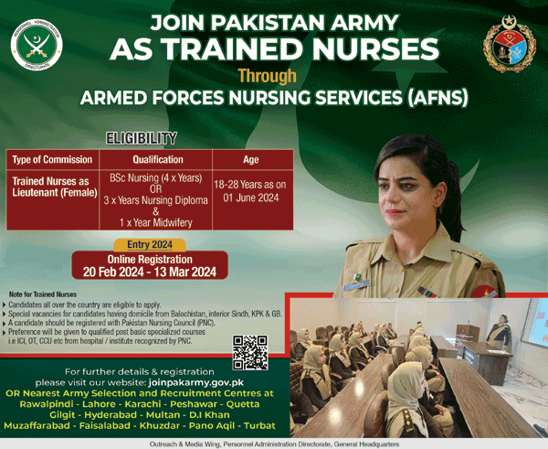 Join Pak Army as Trained Nurses Through AFNS 2024